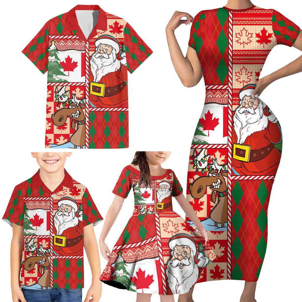 Canadian Christmas Family Matching Short Sleeve Bodycon Dress and Hawaiian Shirt A Merry Xmas Santa and Funny Moose - Wonder Print Shop