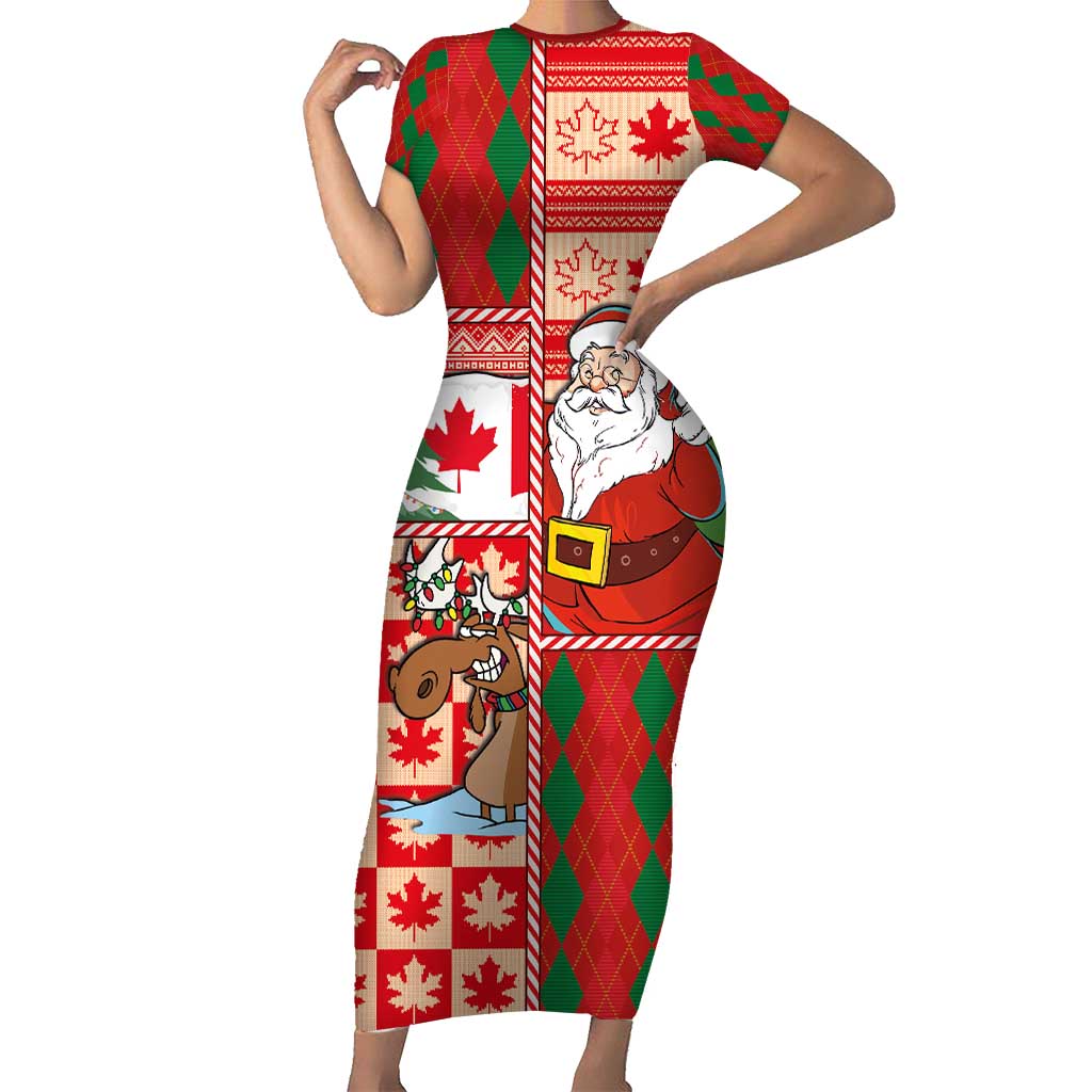 Canadian Christmas Family Matching Short Sleeve Bodycon Dress and Hawaiian Shirt A Merry Xmas Santa and Funny Moose - Wonder Print Shop