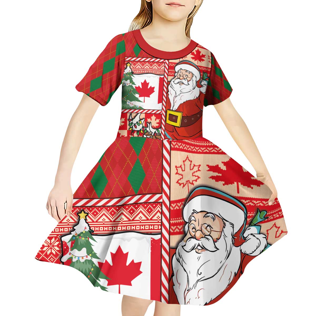 Canadian Christmas Kid Short Sleeve Dress A Merry Xmas Santa and Funny Moose - Wonder Print Shop