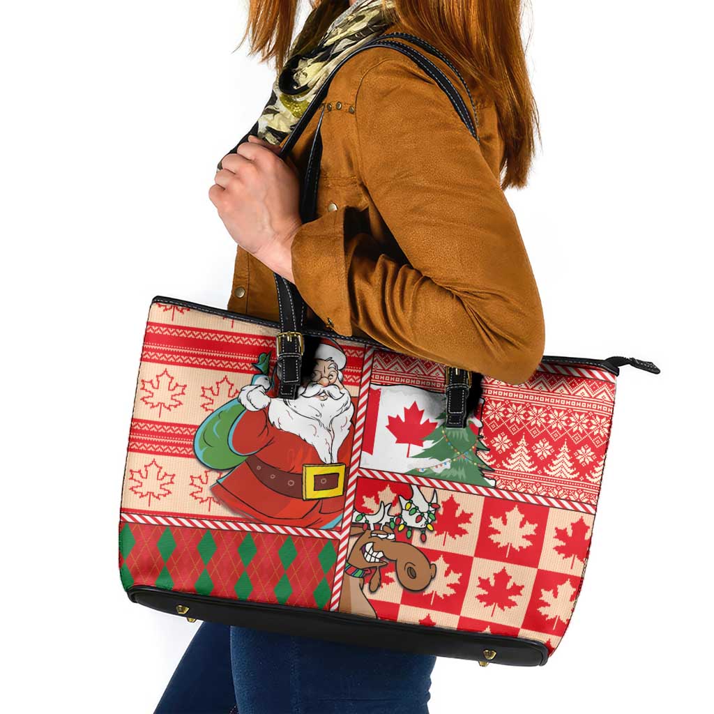 Canadian Christmas Leather Tote Bag A Merry Xmas Santa and Funny Moose - Wonder Print Shop