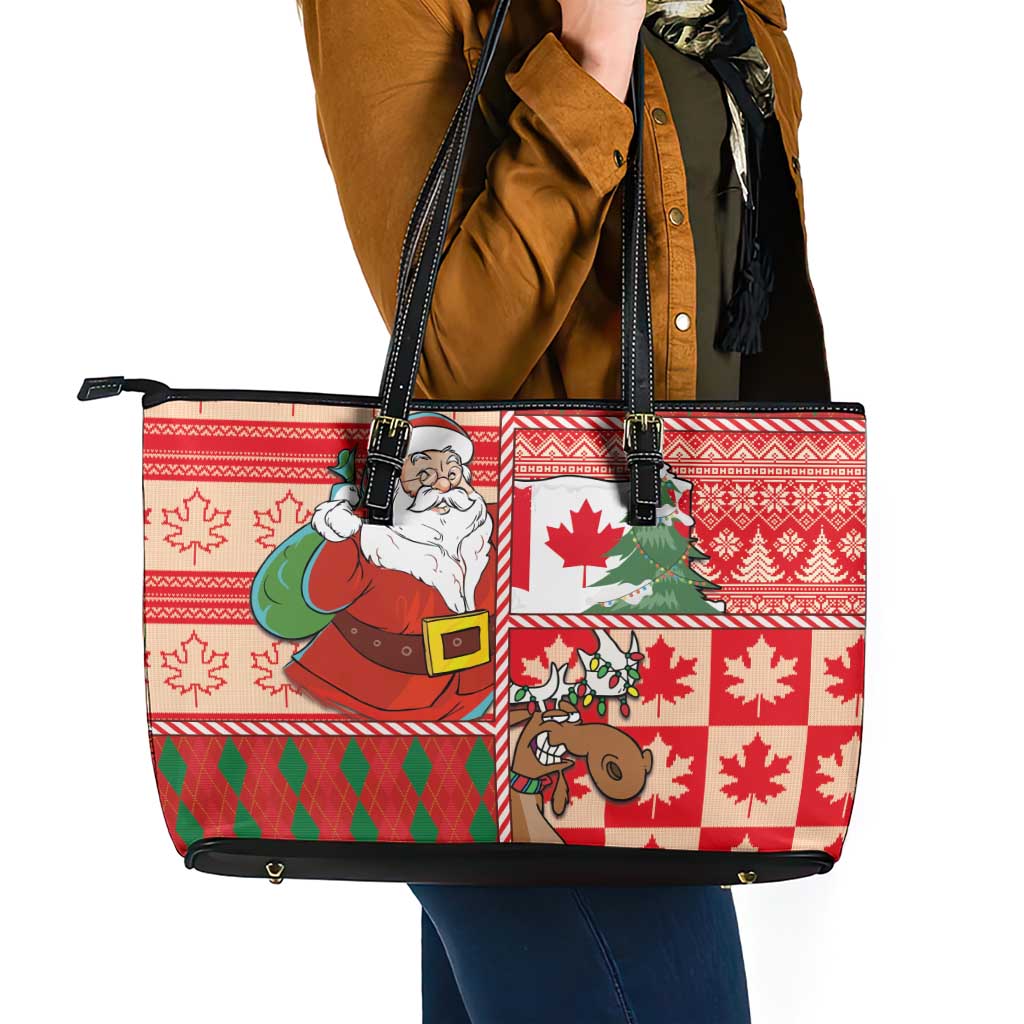 Canadian Christmas Leather Tote Bag A Merry Xmas Santa and Funny Moose - Wonder Print Shop