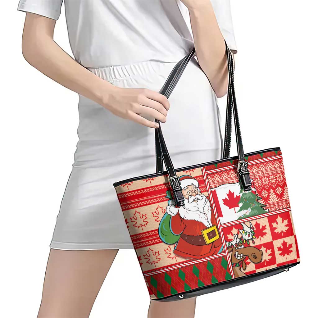 Canadian Christmas Leather Tote Bag A Merry Xmas Santa and Funny Moose - Wonder Print Shop