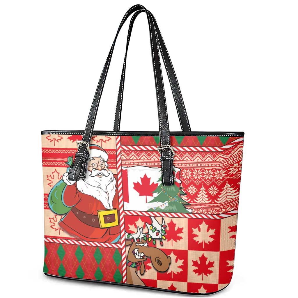 Canadian Christmas Leather Tote Bag A Merry Xmas Santa and Funny Moose - Wonder Print Shop
