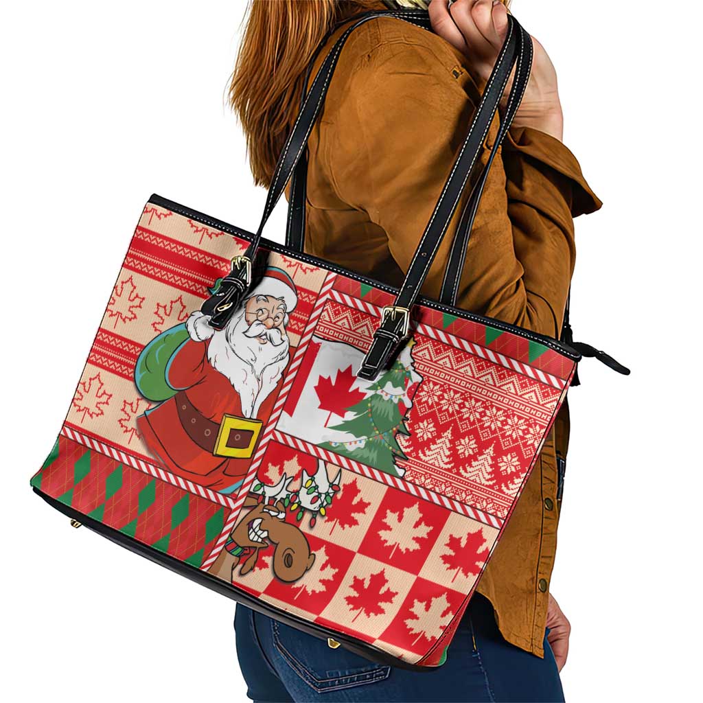 Canadian Christmas Leather Tote Bag A Merry Xmas Santa and Funny Moose - Wonder Print Shop