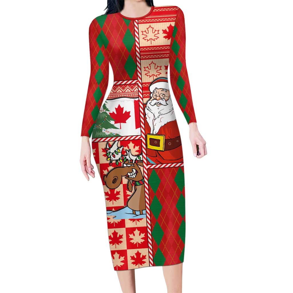 Canadian Christmas Long Sleeve Bodycon Dress A Merry Xmas Santa and Funny Moose - Wonder Print Shop