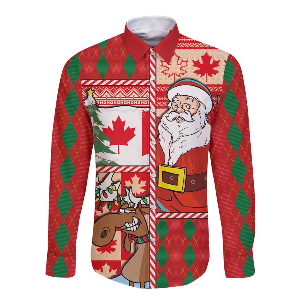 Canadian Christmas Long Sleeve Button Shirt A Merry Xmas Santa and Funny Moose - Wonder Print Shop