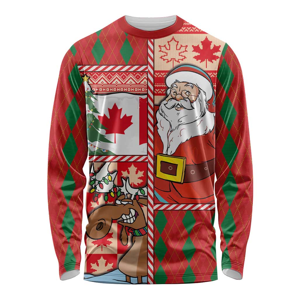 Canadian Christmas Long Sleeve Shirt A Merry Xmas Santa and Funny Moose - Wonder Print Shop