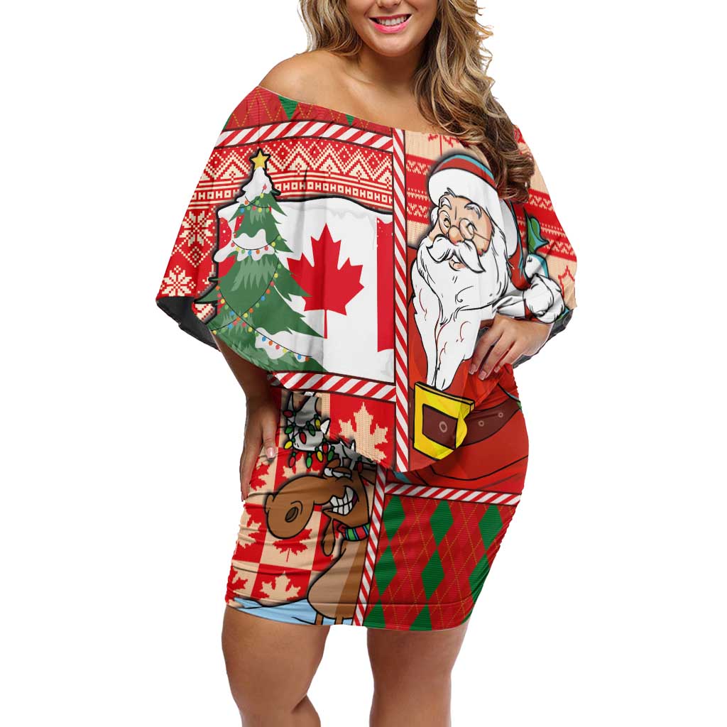 Canadian Christmas Off Shoulder Short Dress A Merry Xmas Santa and Funny Moose - Wonder Print Shop