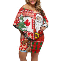 Canadian Christmas Off Shoulder Short Dress A Merry Xmas Santa and Funny Moose - Wonder Print Shop
