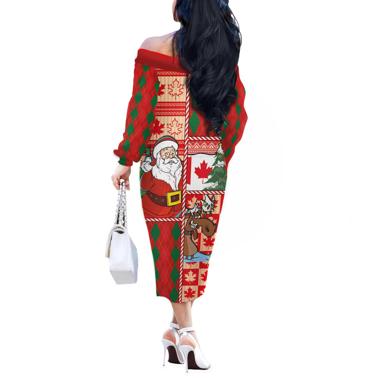 Canadian Christmas Off The Shoulder Long Sleeve Dress A Merry Xmas Santa and Funny Moose - Wonder Print Shop