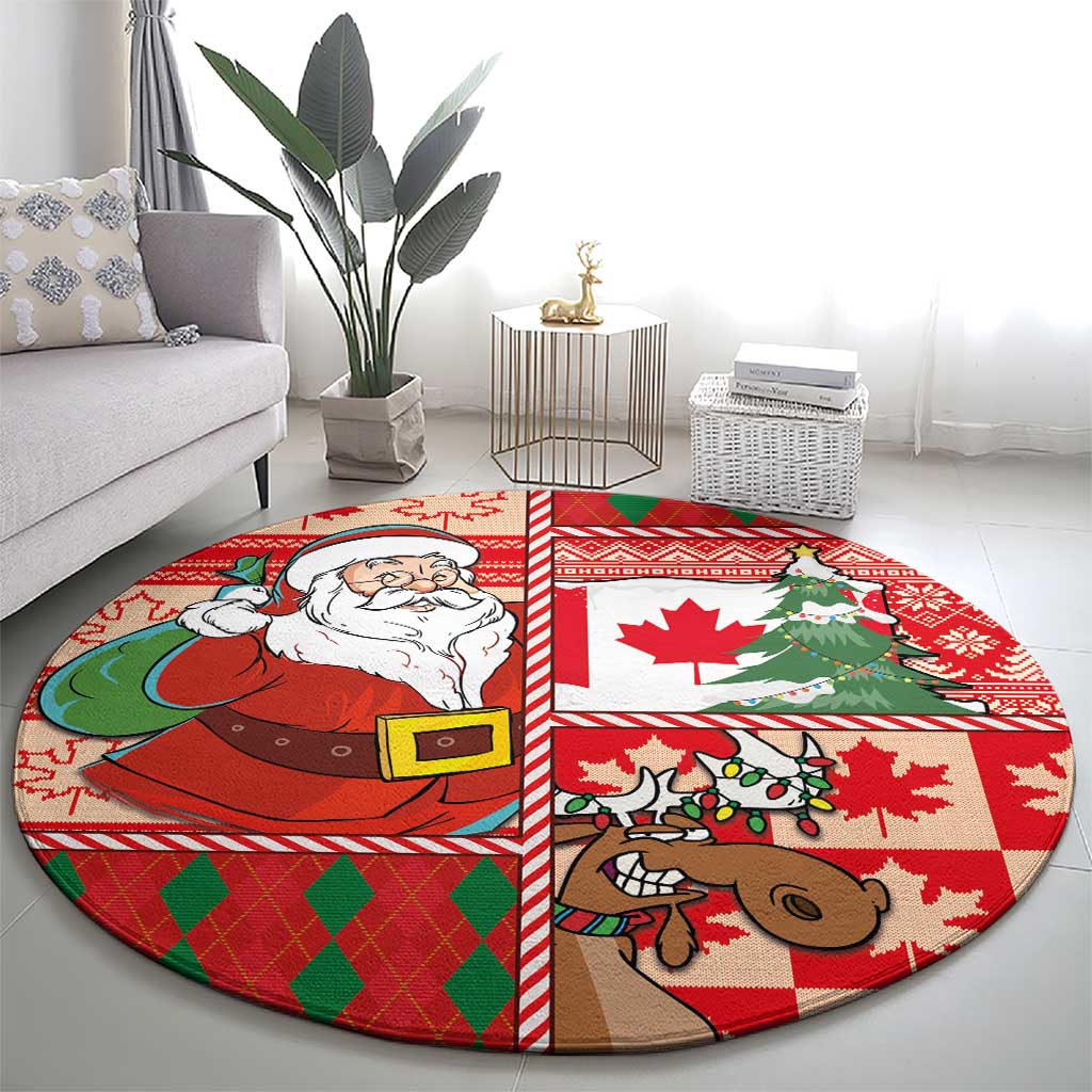 Canadian Christmas Round Carpet A Merry Xmas Santa and Funny Moose