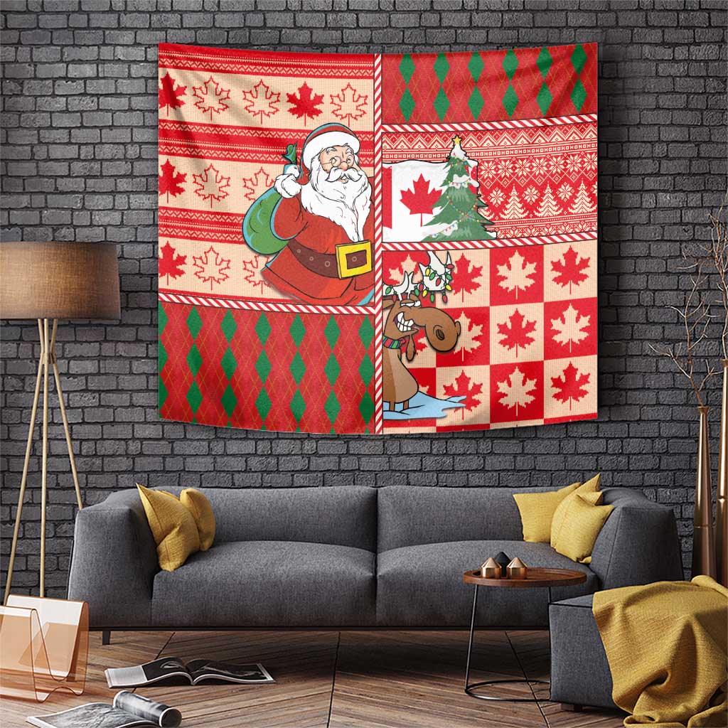 Canadian Christmas Tapestry A Merry Xmas Santa and Funny Moose - Wonder Print Shop