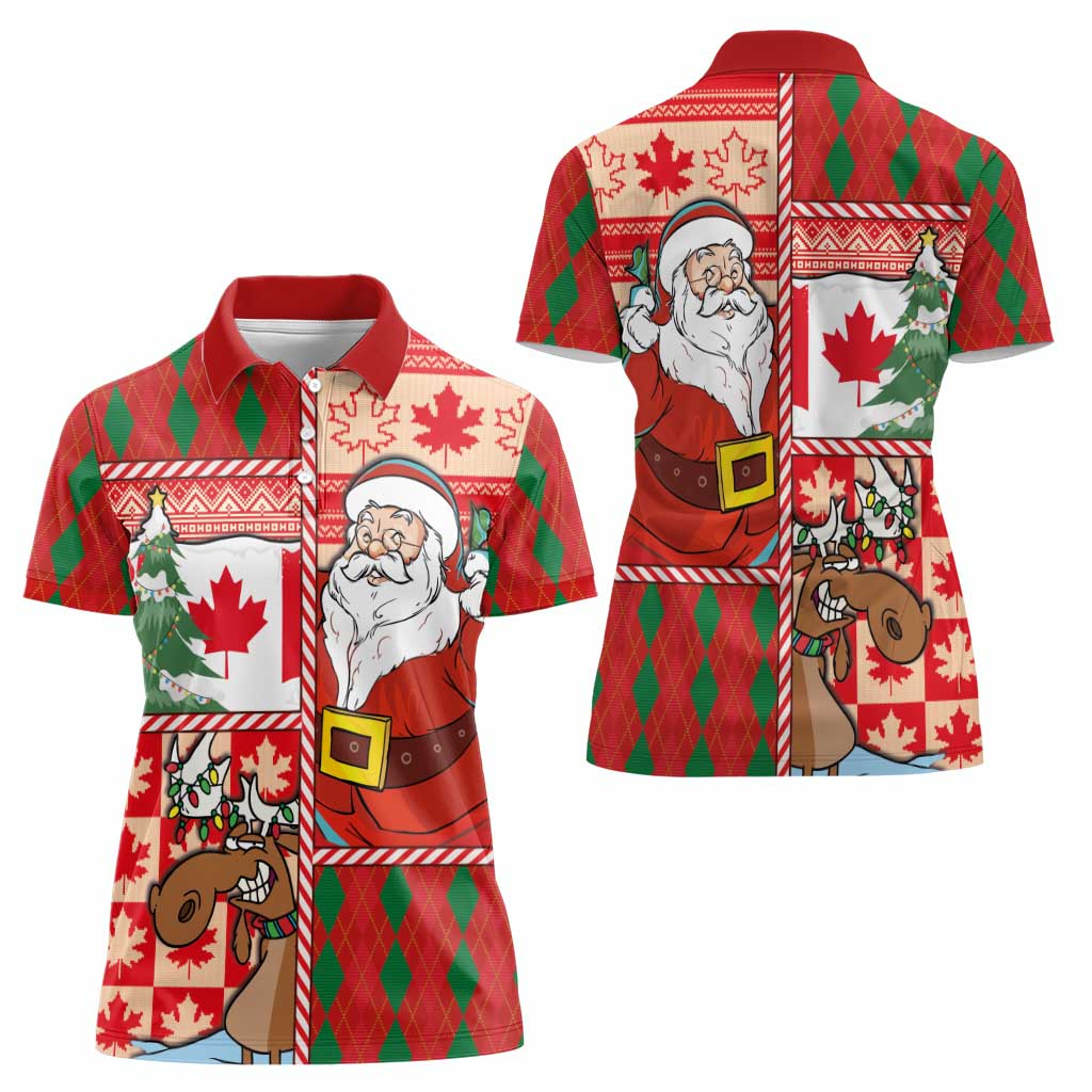 Canadian Christmas Women Polo Shirt A Merry Xmas Santa and Funny Moose - Wonder Print Shop