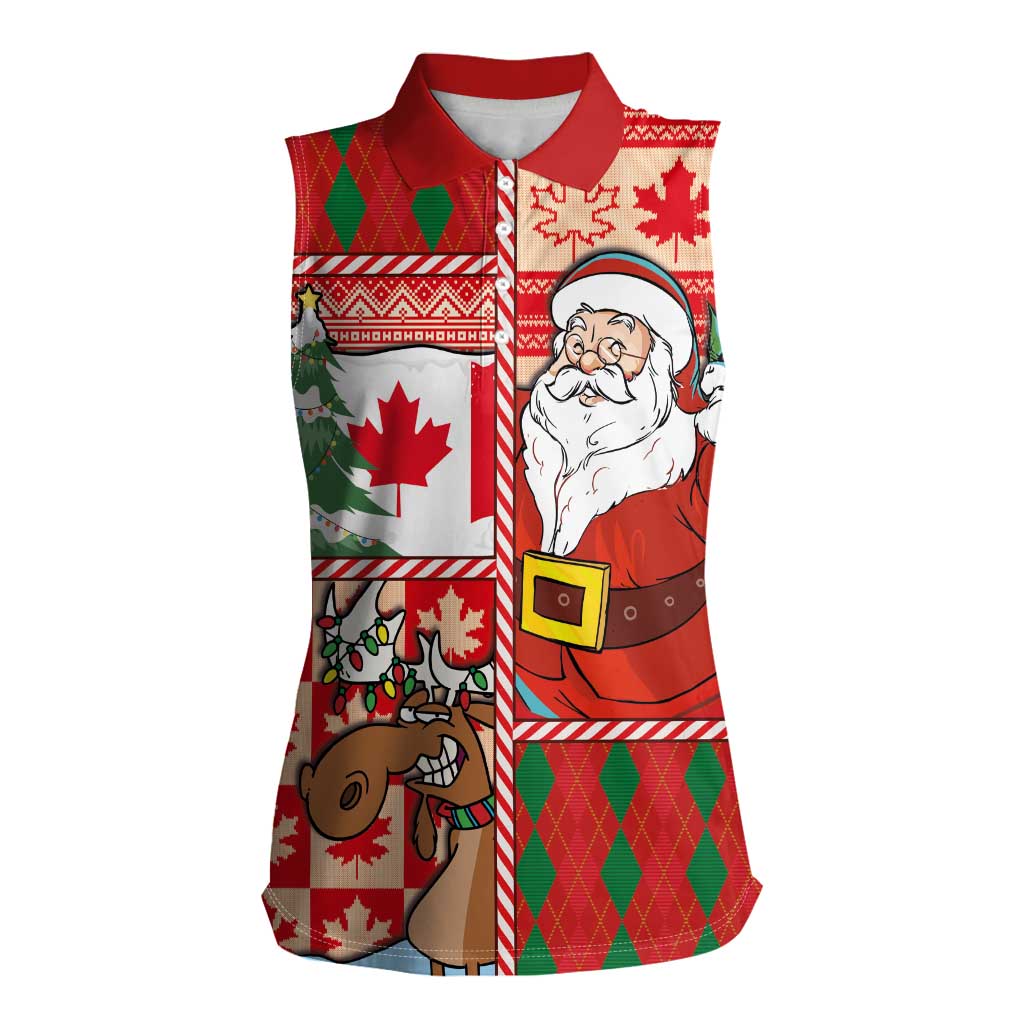 Canadian Christmas Women Sleeveless Polo Shirt A Merry Xmas Santa and Funny Moose - Wonder Print Shop