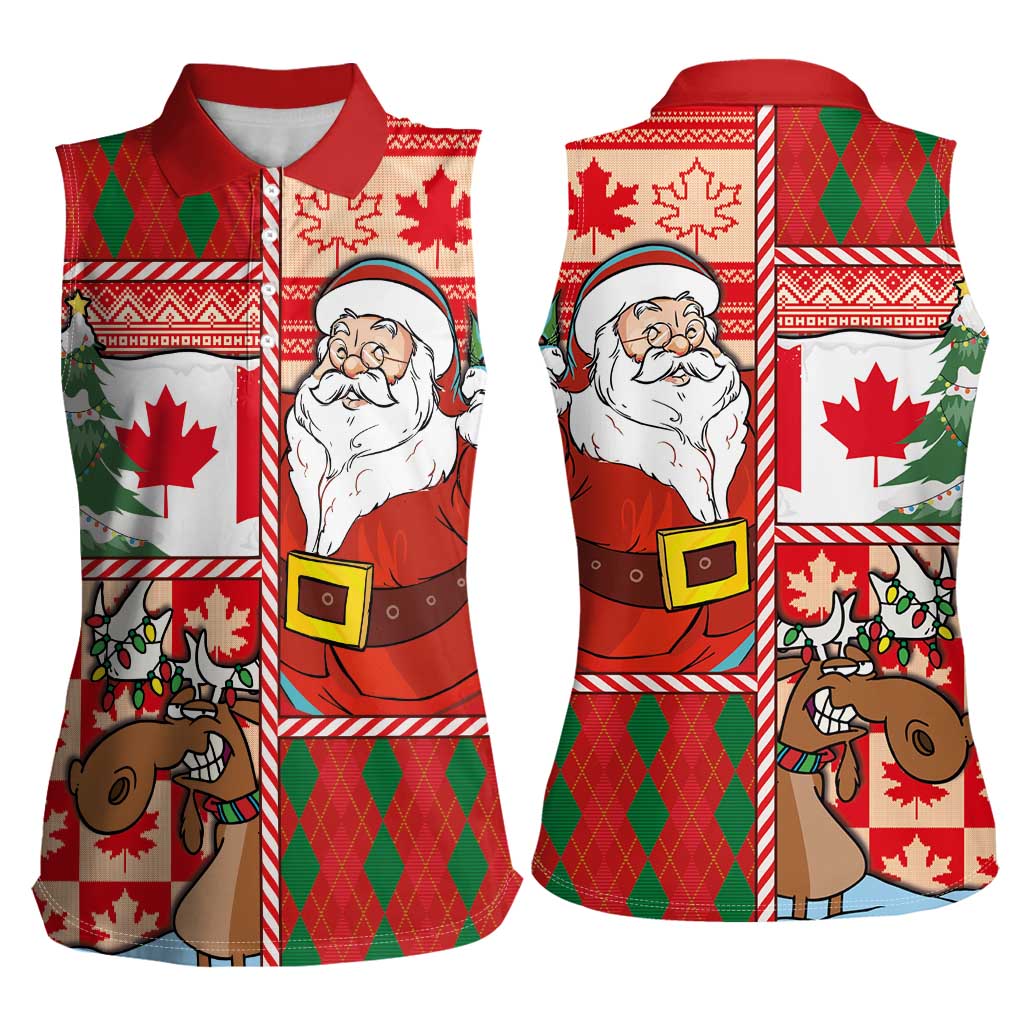 Canadian Christmas Women Sleeveless Polo Shirt A Merry Xmas Santa and Funny Moose - Wonder Print Shop