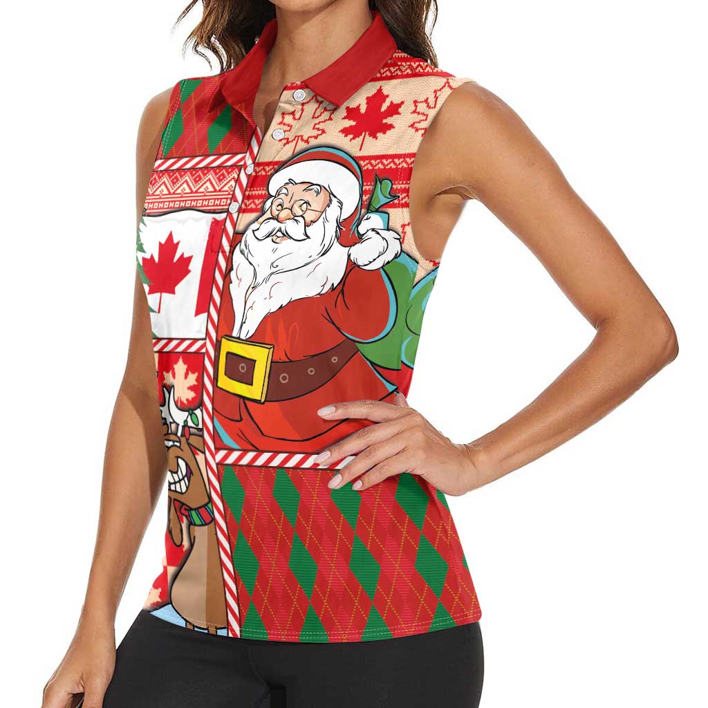 Canadian Christmas Women Sleeveless Polo Shirt A Merry Xmas Santa and Funny Moose - Wonder Print Shop