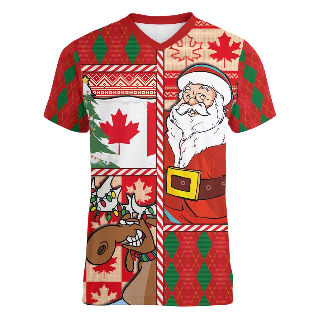 Canadian Christmas Women V-Neck T-Shirt A Merry Xmas Santa and Funny Moose - Wonder Print Shop