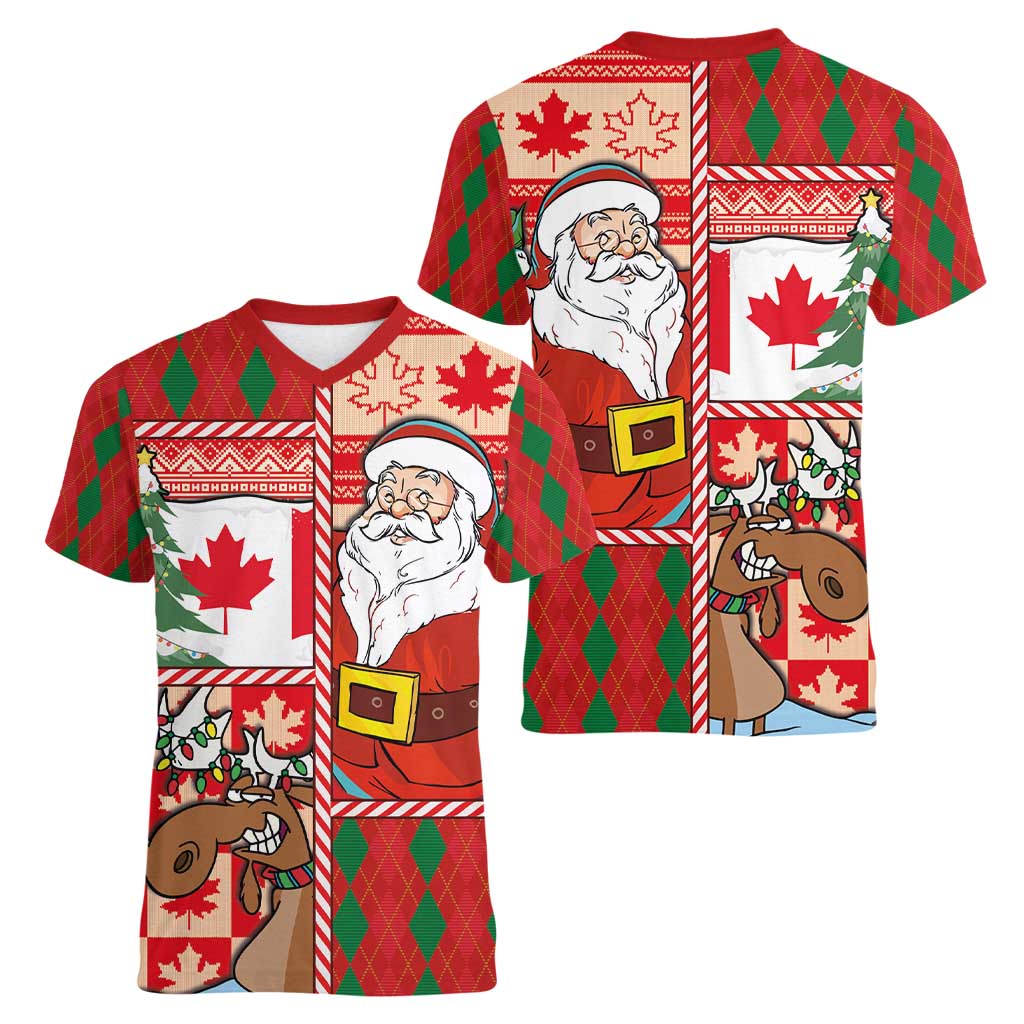 Canadian Christmas Women V-Neck T-Shirt A Merry Xmas Santa and Funny Moose - Wonder Print Shop