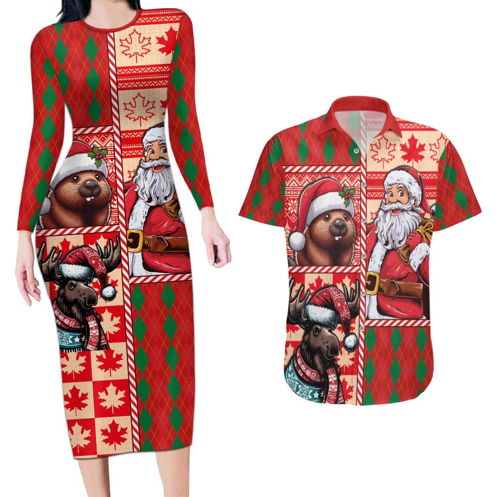 Canadian Christmas Couples Matching Long Sleeve Bodycon Dress and Hawaiian Shirt Santa Hoho Holiday - A Beaver and Moose - Wonder Print Shop