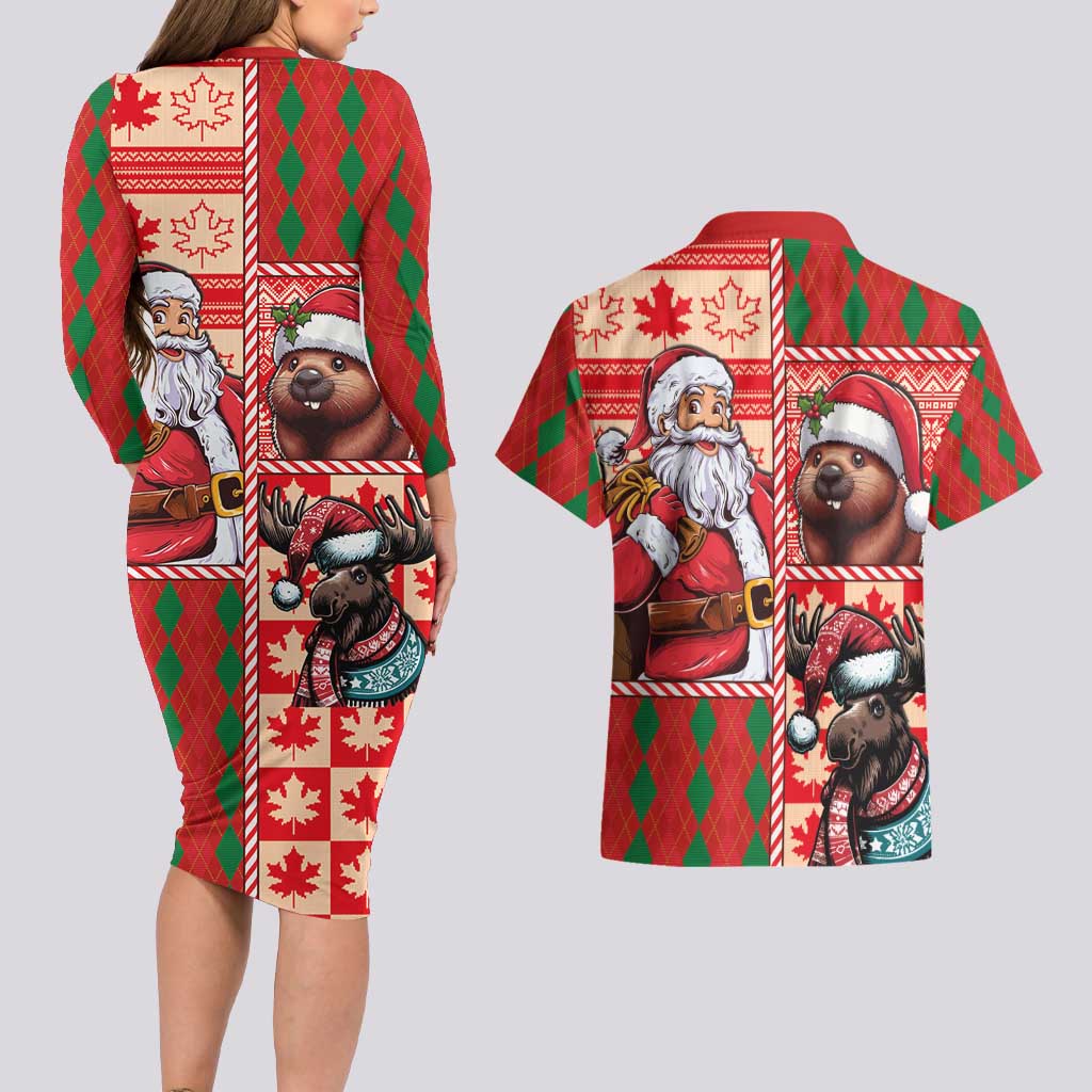 Canadian Christmas Couples Matching Long Sleeve Bodycon Dress and Hawaiian Shirt Santa Hoho Holiday - A Beaver and Moose - Wonder Print Shop