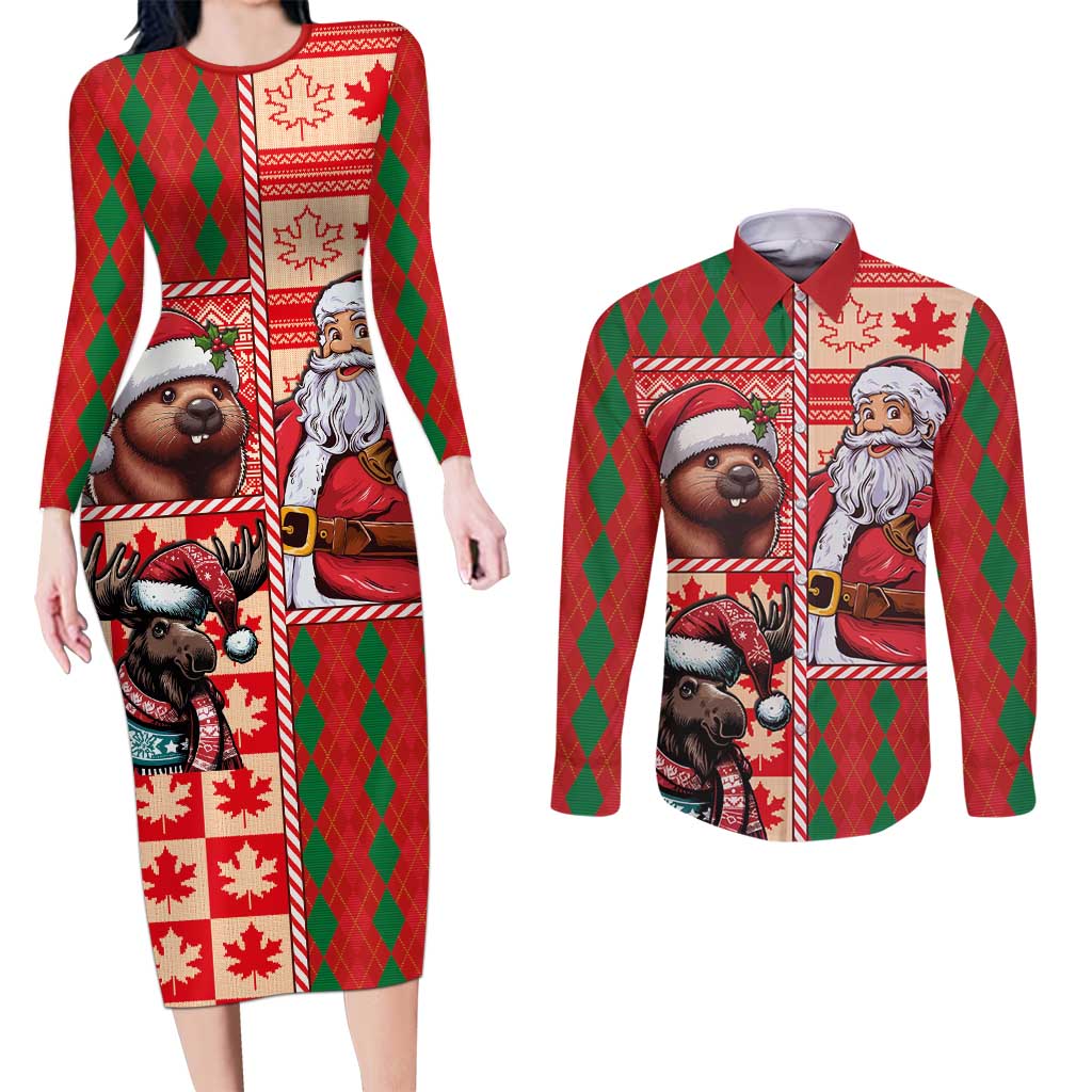Canadian Christmas Couples Matching Long Sleeve Bodycon Dress and Long Sleeve Button Shirt Santa Hoho Holiday - A Beaver and Moose - Wonder Print Shop