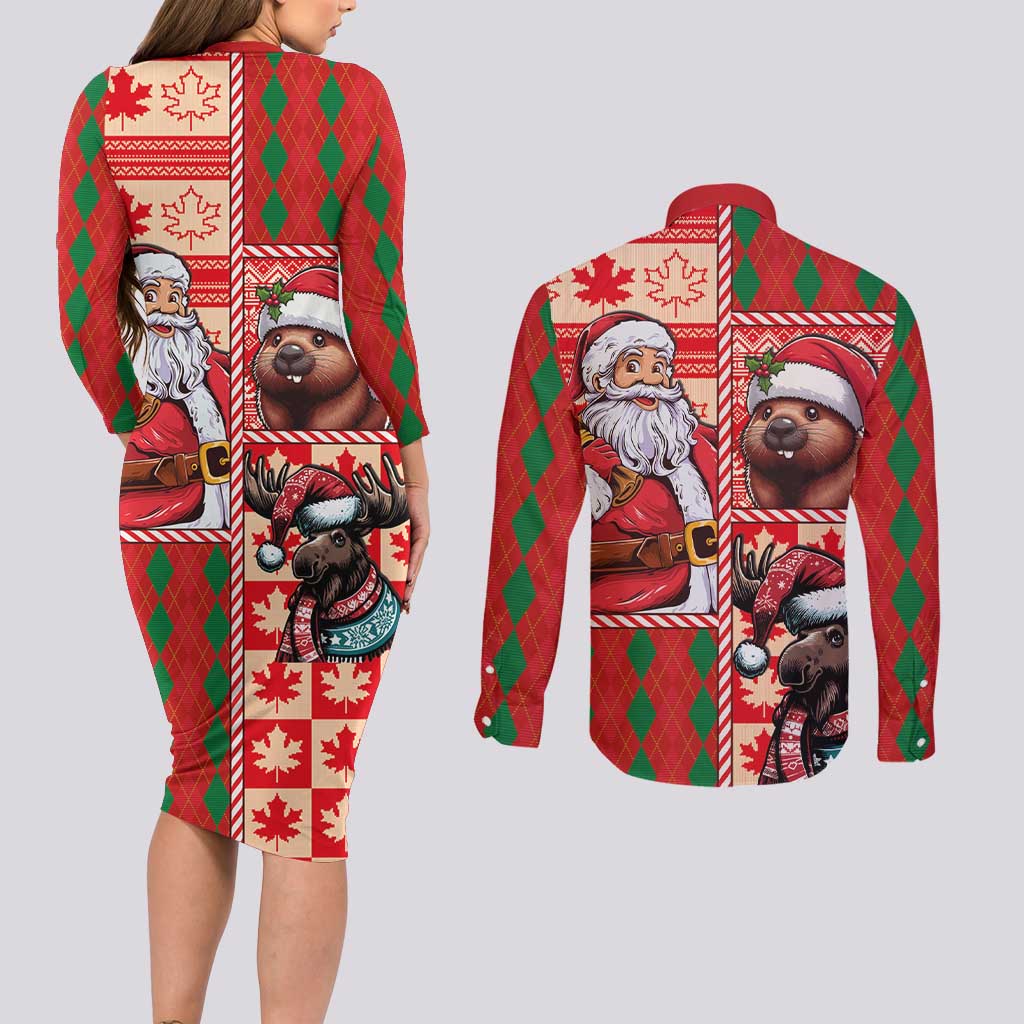 Canadian Christmas Couples Matching Long Sleeve Bodycon Dress and Long Sleeve Button Shirt Santa Hoho Holiday - A Beaver and Moose - Wonder Print Shop