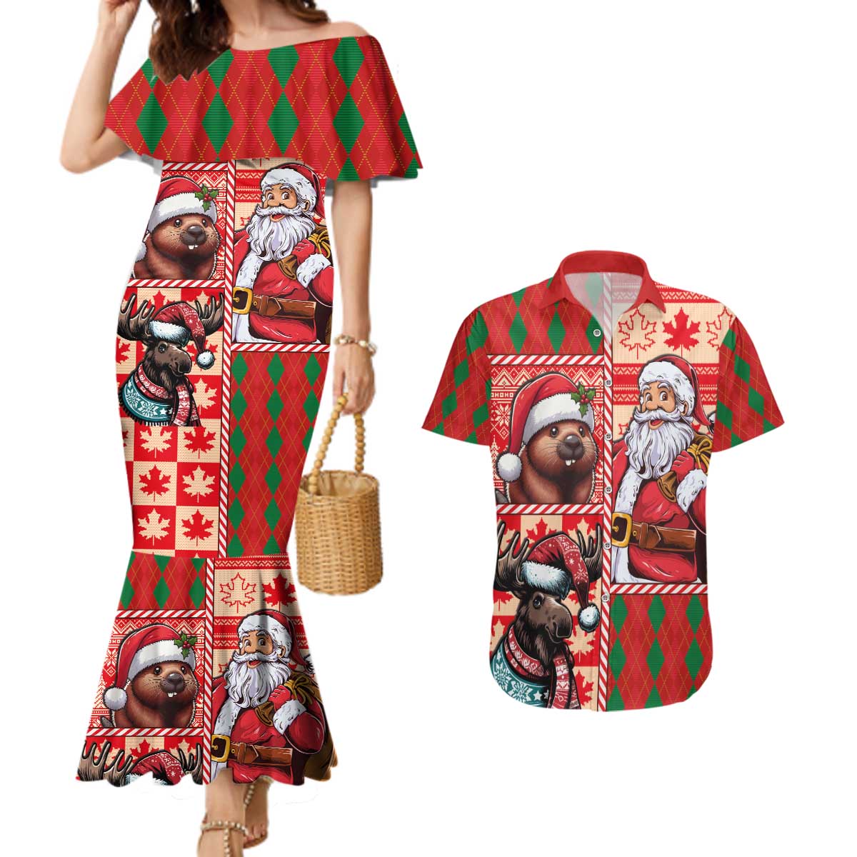 Canadian Christmas Couples Matching Mermaid Dress and Hawaiian Shirt Santa Hoho Holiday - A Beaver and Moose - Wonder Print Shop