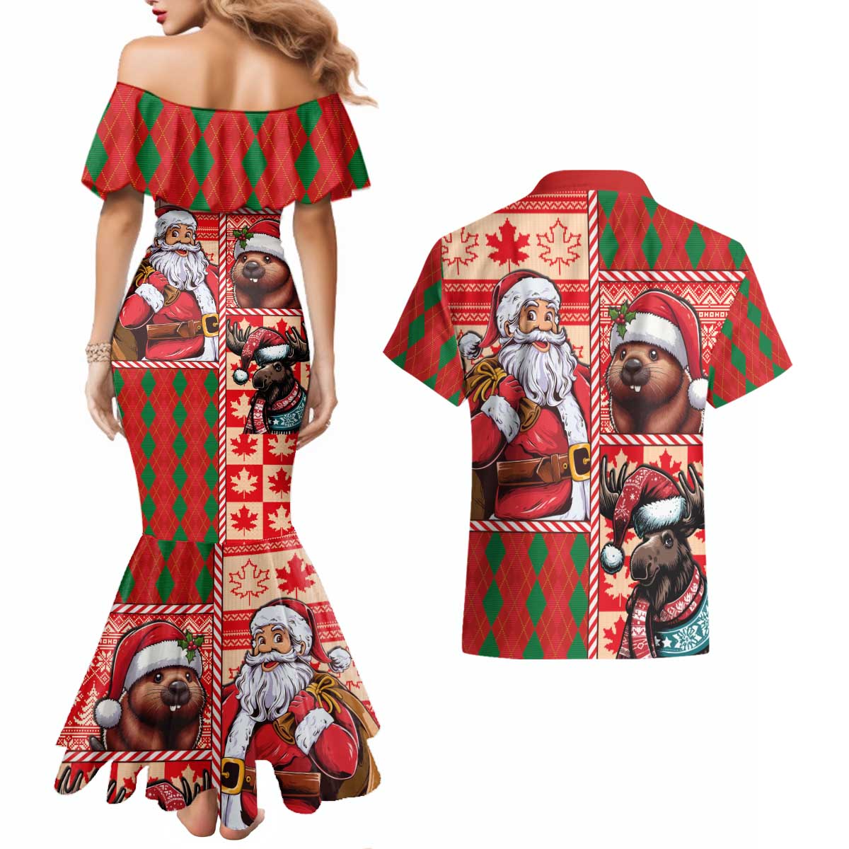 Canadian Christmas Couples Matching Mermaid Dress and Hawaiian Shirt Santa Hoho Holiday - A Beaver and Moose - Wonder Print Shop