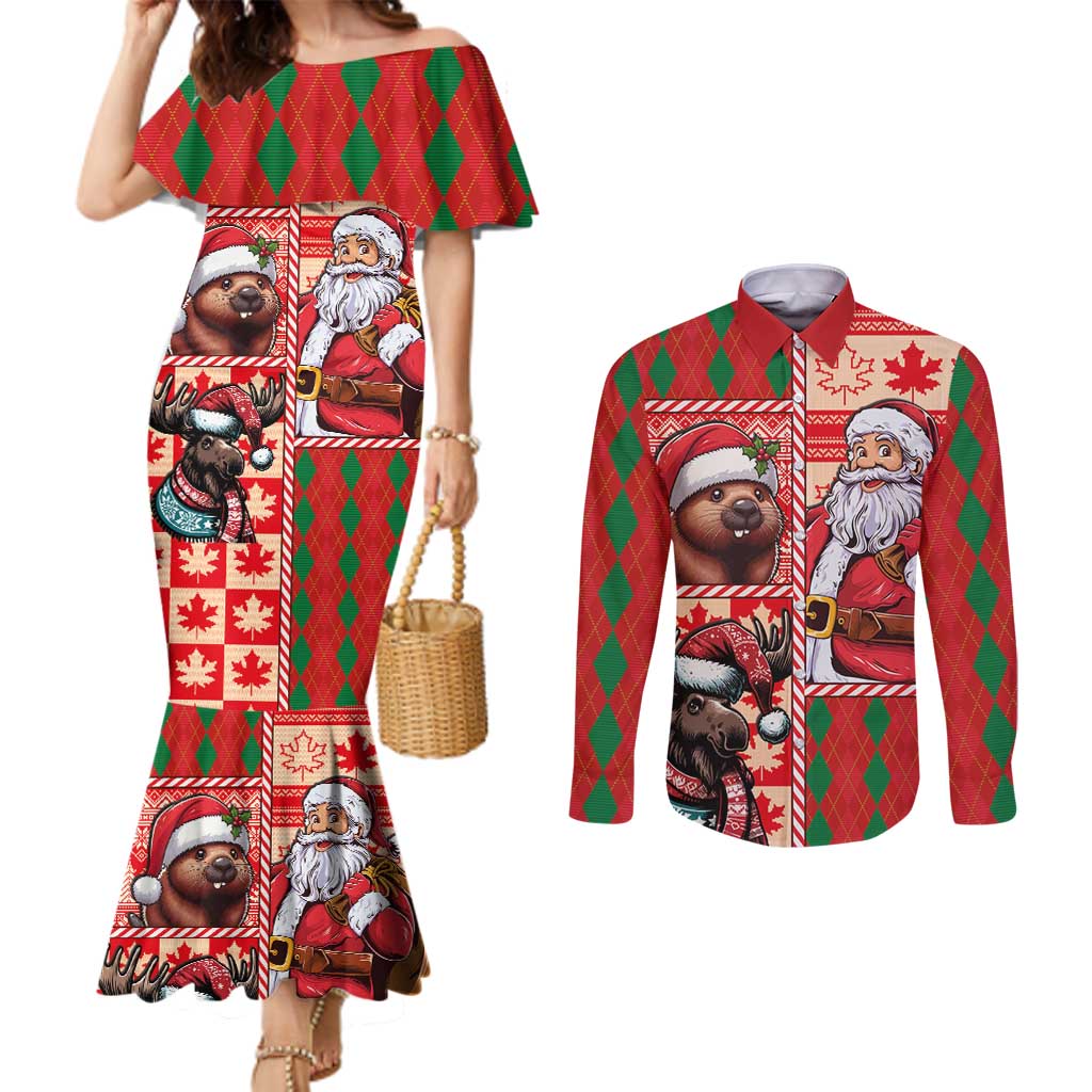 Canadian Christmas Couples Matching Mermaid Dress and Long Sleeve Button Shirt Santa Hoho Holiday - A Beaver and Moose