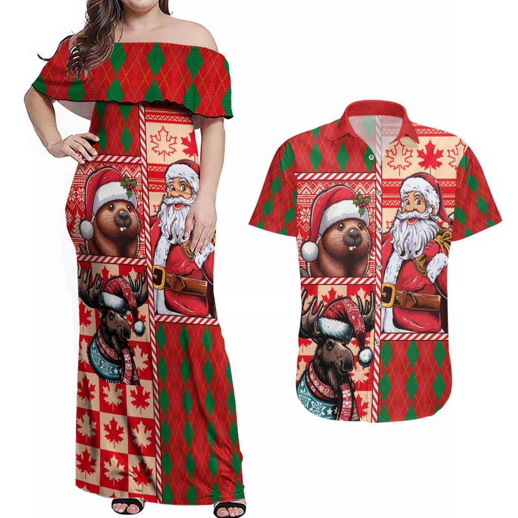 Canadian Christmas Couples Matching Off Shoulder Maxi Dress and Hawaiian Shirt Santa Hoho Holiday - A Beaver and Moose - Wonder Print Shop