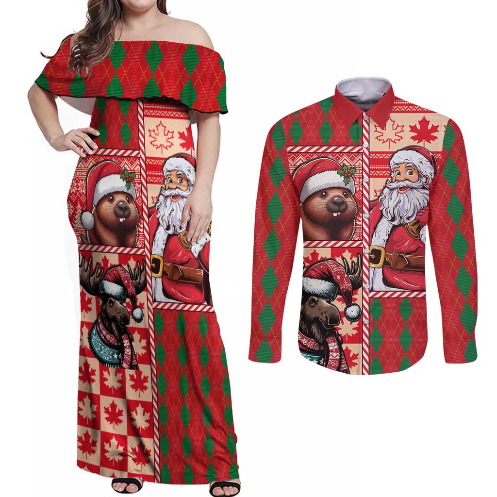 Canadian Christmas Couples Matching Off Shoulder Maxi Dress and Long Sleeve Button Shirt Santa Hoho Holiday - A Beaver and Moose - Wonder Print Shop