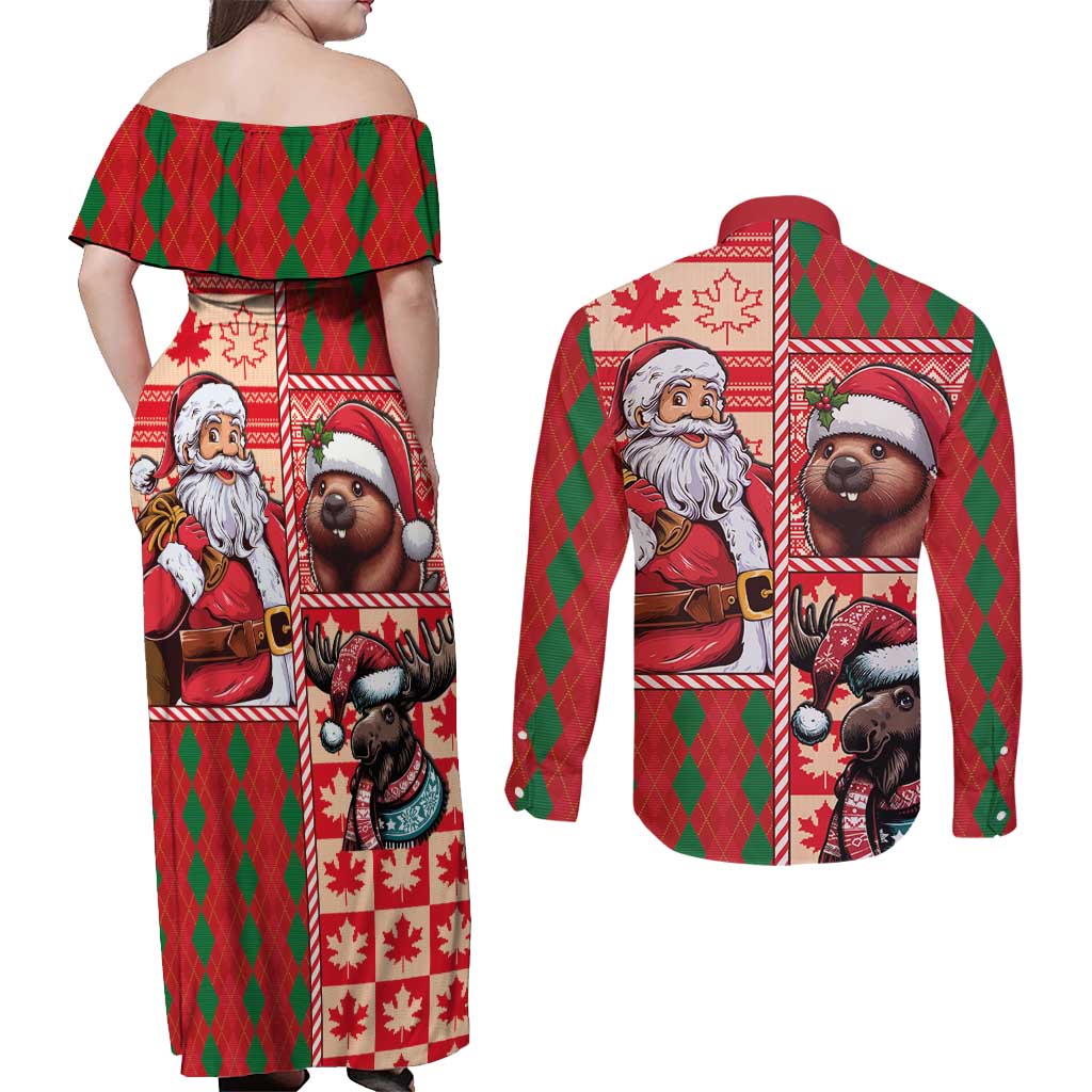 Canadian Christmas Couples Matching Off Shoulder Maxi Dress and Long Sleeve Button Shirt Santa Hoho Holiday - A Beaver and Moose - Wonder Print Shop