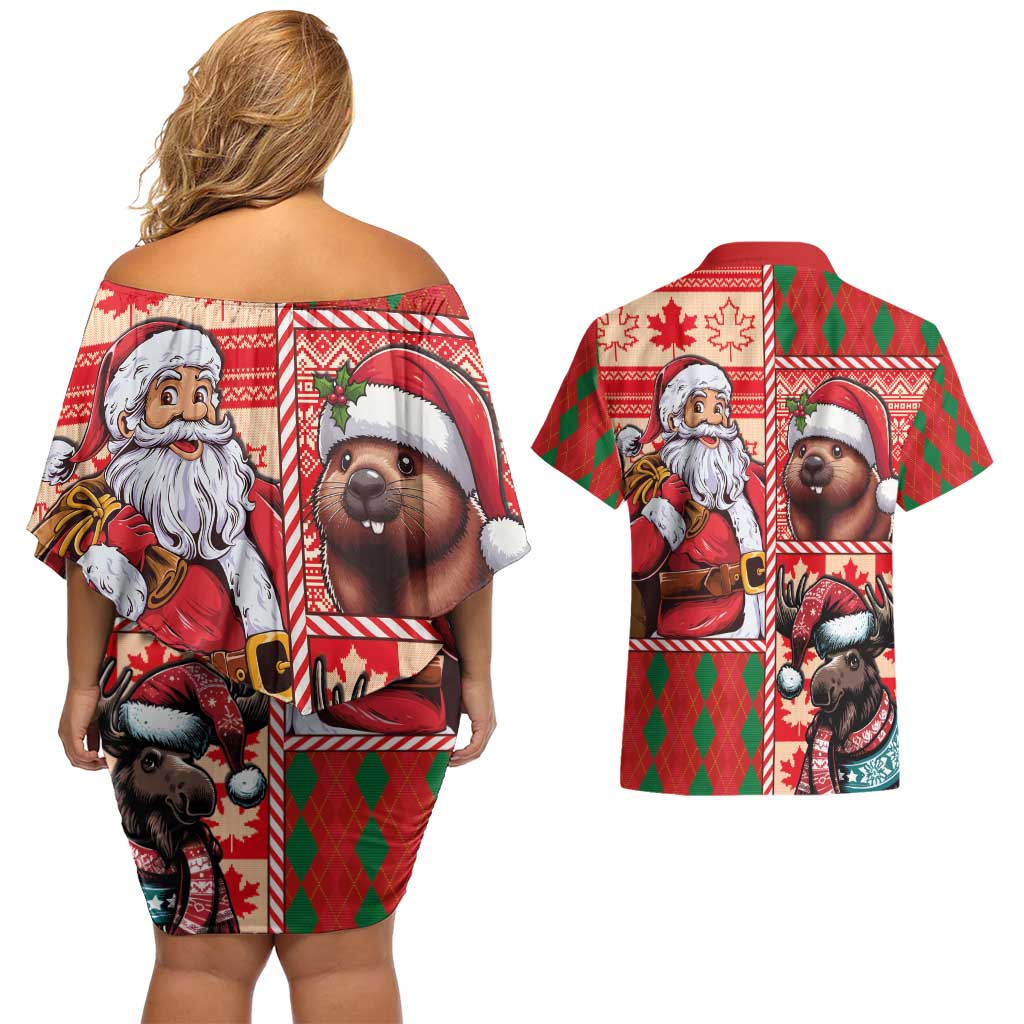 Canadian Christmas Couples Matching Off Shoulder Short Dress and Hawaiian Shirt Santa Hoho Holiday - A Beaver and Moose - Wonder Print Shop