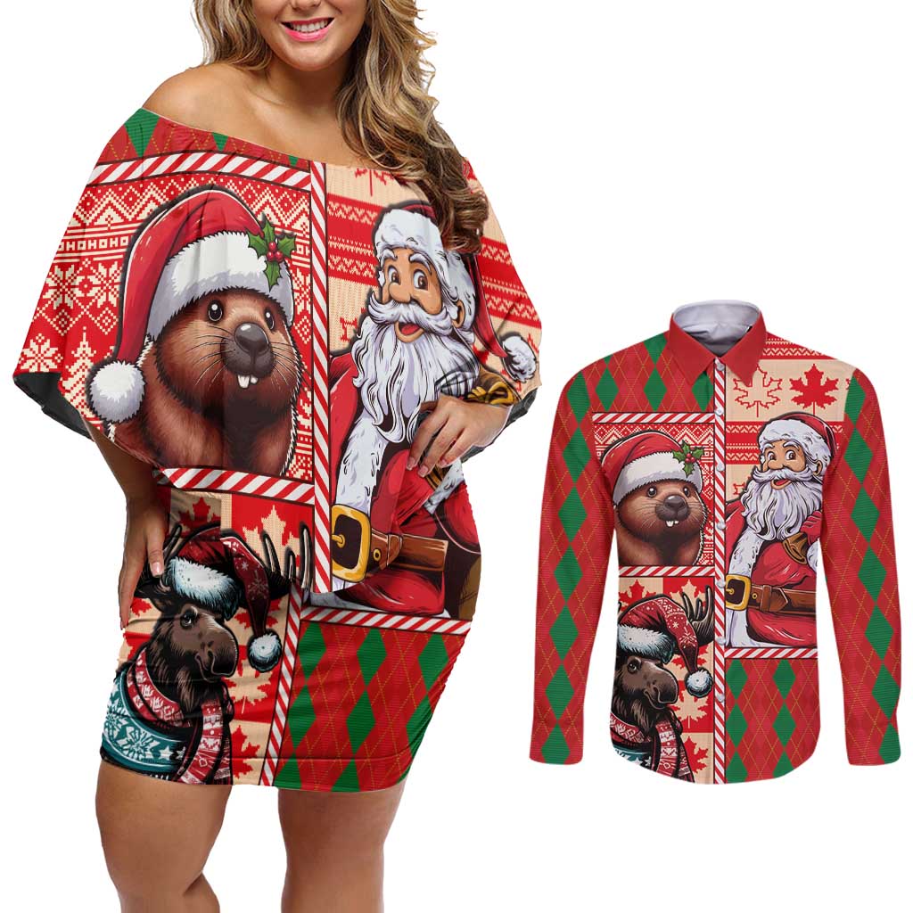 Canadian Christmas Couples Matching Off Shoulder Short Dress and Long Sleeve Button Shirt Santa Hoho Holiday - A Beaver and Moose - Wonder Print Shop