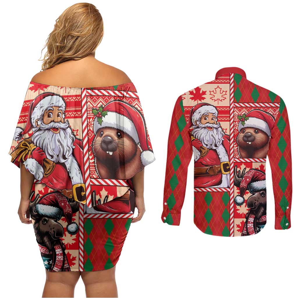 Canadian Christmas Couples Matching Off Shoulder Short Dress and Long Sleeve Button Shirt Santa Hoho Holiday - A Beaver and Moose - Wonder Print Shop
