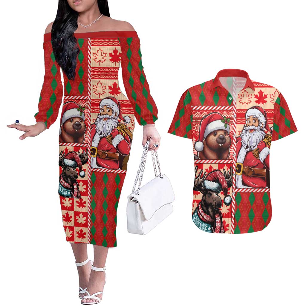 Canadian Christmas Couples Matching Off The Shoulder Long Sleeve Dress and Hawaiian Shirt Santa Hoho Holiday - A Beaver and Moose - Wonder Print Shop