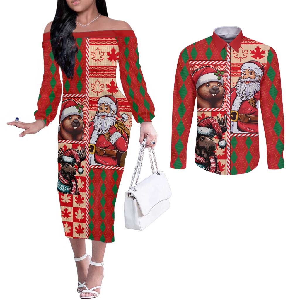 Canadian Christmas Couples Matching Off The Shoulder Long Sleeve Dress and Long Sleeve Button Shirt Santa Hoho Holiday - A Beaver and Moose