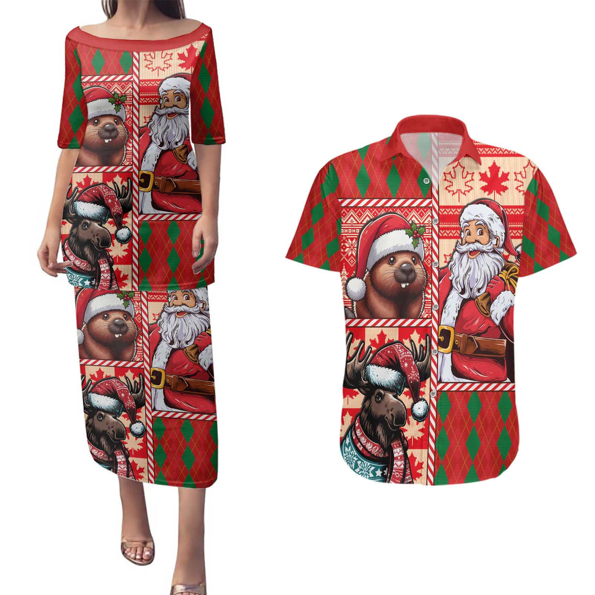 Canadian Christmas Couples Matching Puletasi and Hawaiian Shirt Santa Hoho Holiday - A Beaver and Moose - Wonder Print Shop