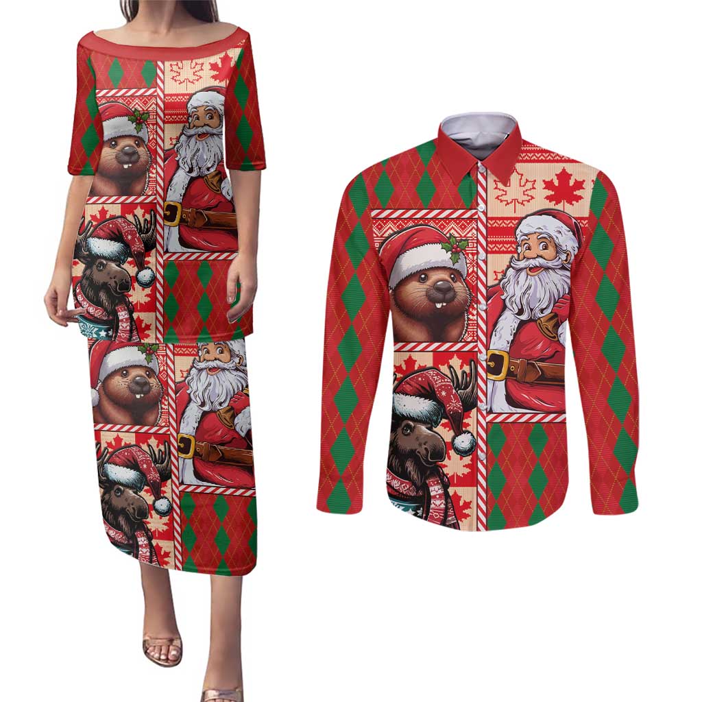 Canadian Christmas Couples Matching Puletasi and Long Sleeve Button Shirt Santa Hoho Holiday - A Beaver and Moose - Wonder Print Shop
