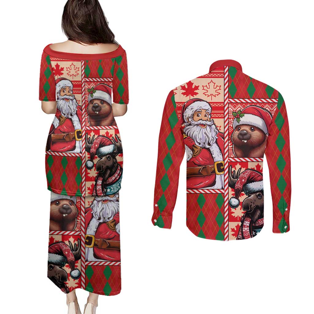 Canadian Christmas Couples Matching Puletasi and Long Sleeve Button Shirt Santa Hoho Holiday - A Beaver and Moose - Wonder Print Shop