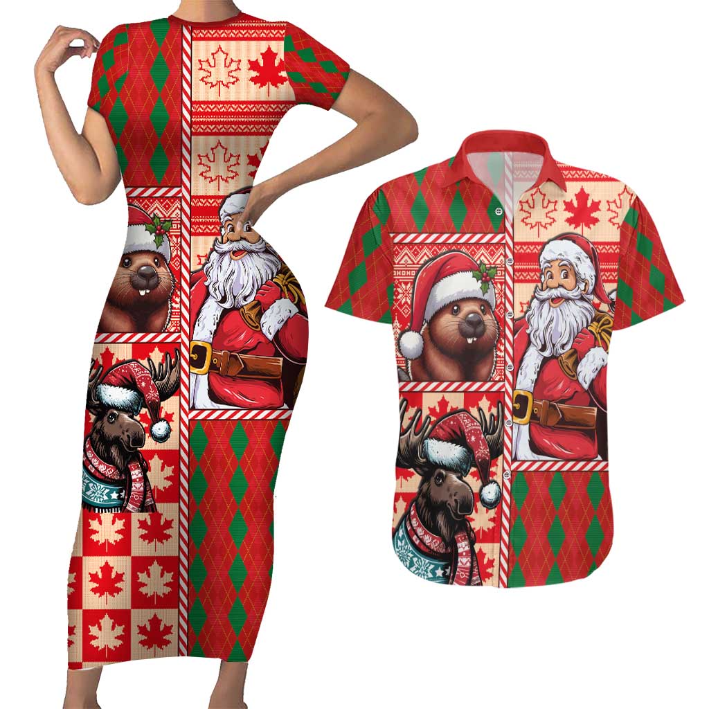 Canadian Christmas Couples Matching Short Sleeve Bodycon Dress and Hawaiian Shirt Santa Hoho Holiday - A Beaver and Moose - Wonder Print Shop