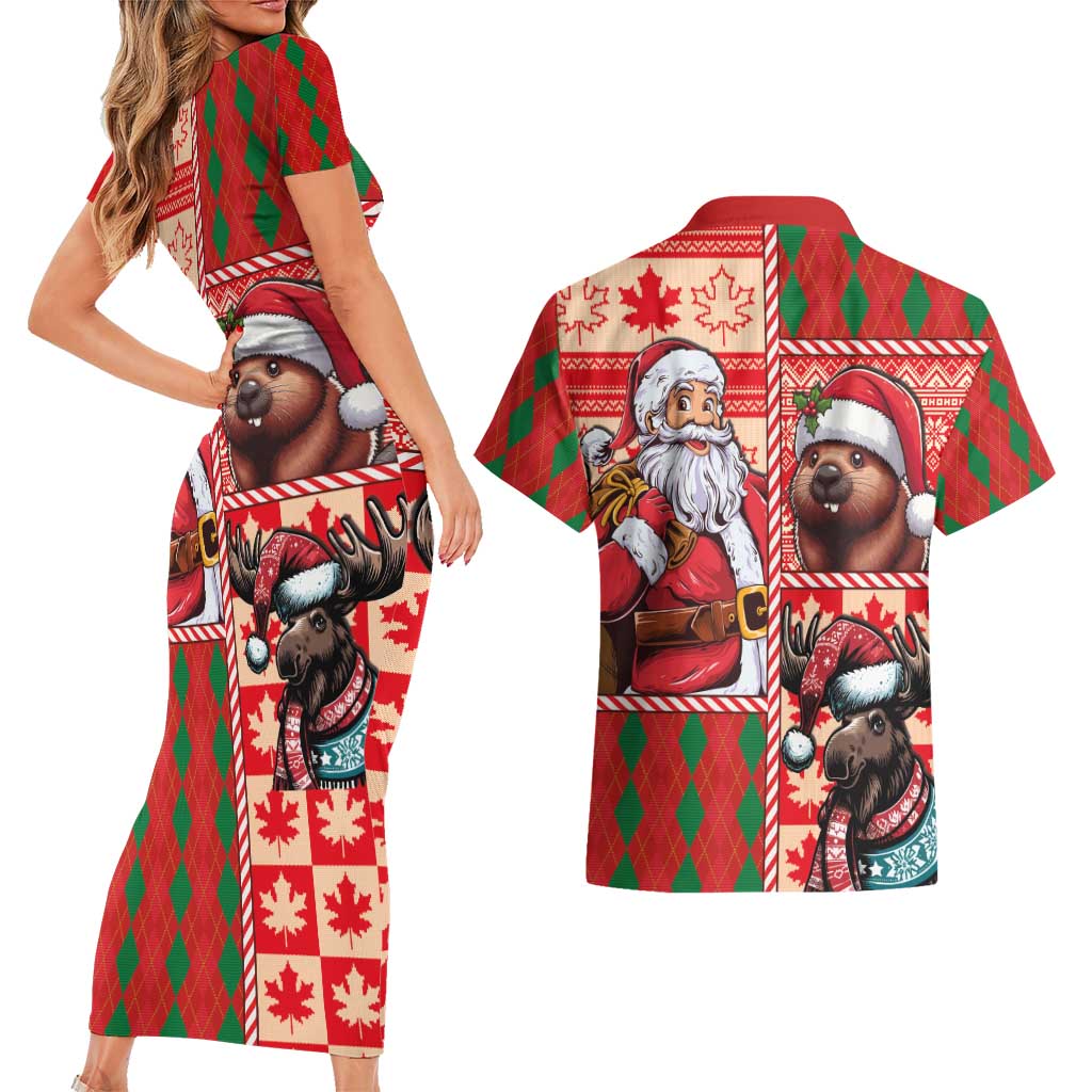 Canadian Christmas Couples Matching Short Sleeve Bodycon Dress and Hawaiian Shirt Santa Hoho Holiday - A Beaver and Moose - Wonder Print Shop