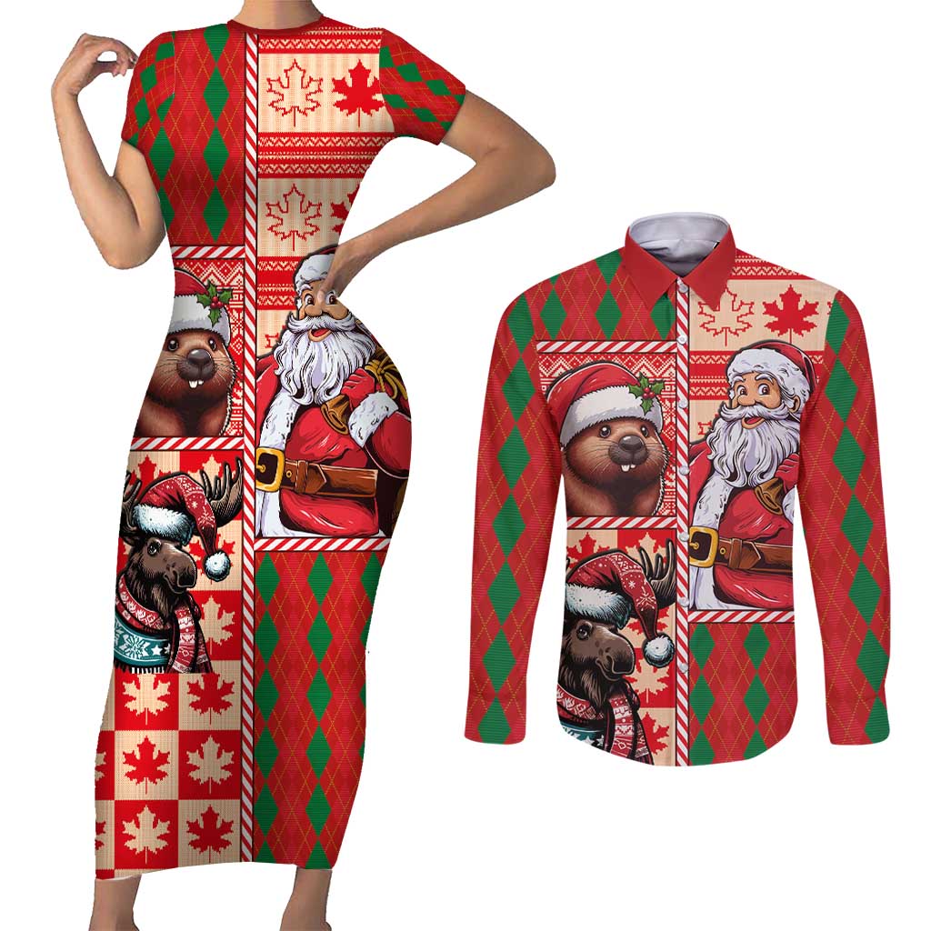 Canadian Christmas Couples Matching Short Sleeve Bodycon Dress and Long Sleeve Button Shirt Santa Hoho Holiday - A Beaver and Moose - Wonder Print Shop