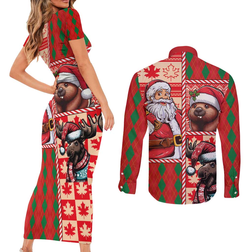 Canadian Christmas Couples Matching Short Sleeve Bodycon Dress and Long Sleeve Button Shirt Santa Hoho Holiday - A Beaver and Moose - Wonder Print Shop
