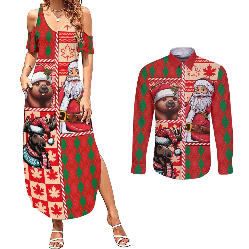 Canadian Christmas Couples Matching Summer Maxi Dress and Long Sleeve Button Shirt Santa Hoho Holiday - A Beaver and Moose - Wonder Print Shop