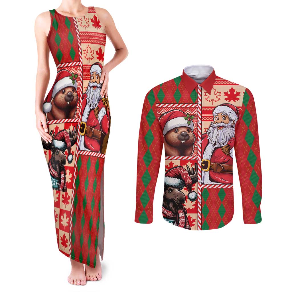 Canadian Christmas Couples Matching Tank Maxi Dress and Long Sleeve Button Shirt Santa Hoho Holiday - A Beaver and Moose - Wonder Print Shop