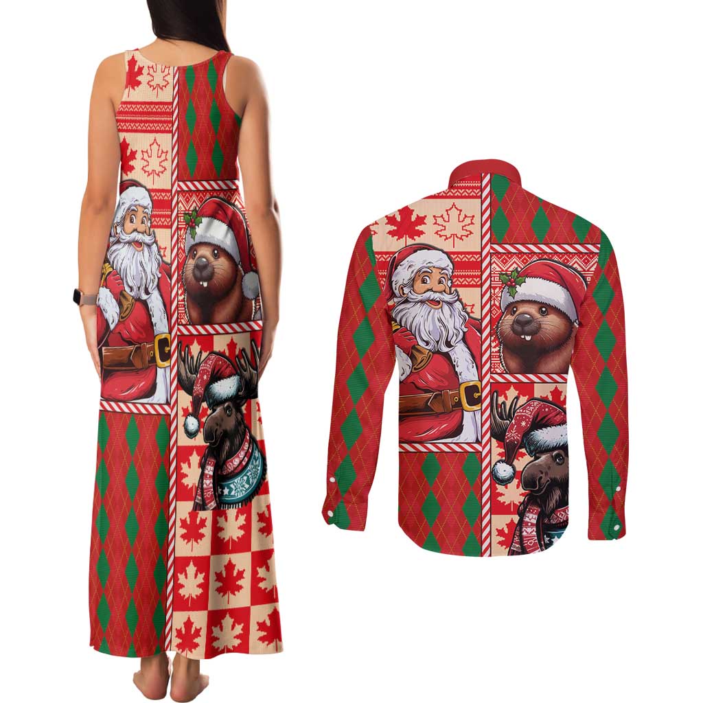 Canadian Christmas Couples Matching Tank Maxi Dress and Long Sleeve Button Shirt Santa Hoho Holiday - A Beaver and Moose - Wonder Print Shop