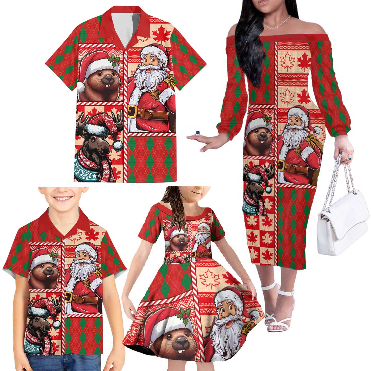 Canadian Christmas Family Matching Off The Shoulder Long Sleeve Dress and Hawaiian Shirt Santa Hoho Holiday - A Beaver and Moose - Wonder Print Shop