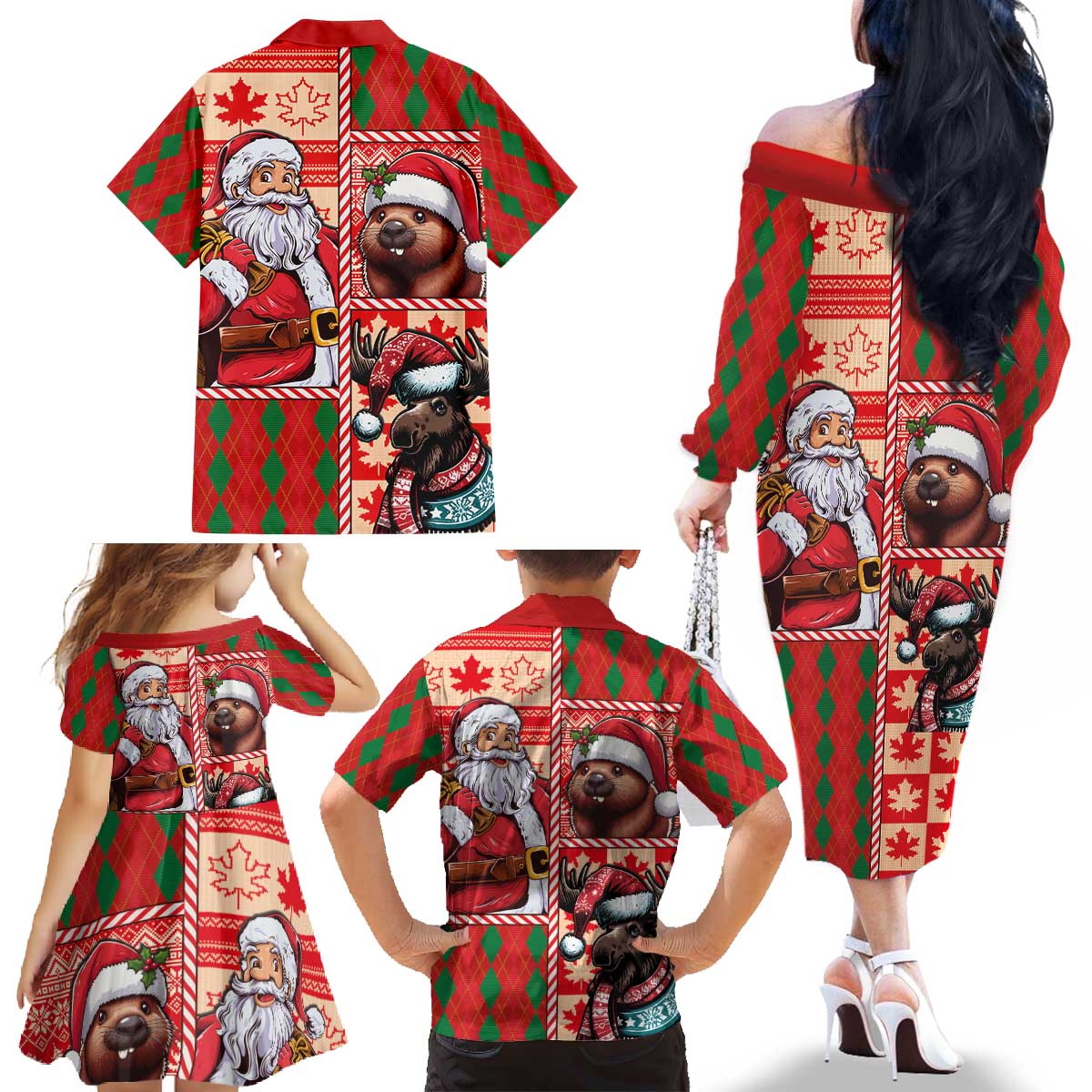 Canadian Christmas Family Matching Off The Shoulder Long Sleeve Dress and Hawaiian Shirt Santa Hoho Holiday - A Beaver and Moose - Wonder Print Shop