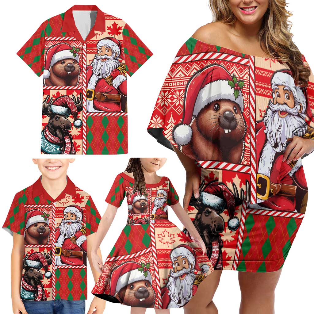 Canadian Christmas Family Matching Off Shoulder Short Dress and Hawaiian Shirt Santa Hoho Holiday - A Beaver and Moose - Wonder Print Shop
